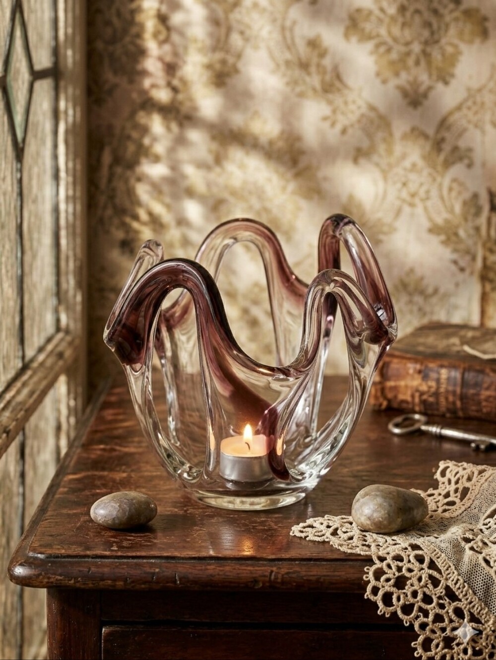 Vintage Amethyst Swirl Art Glass Sculpture & Candle Holder